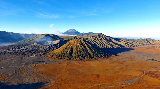 Aerial view of Mount Bromo and volcanic landscape, Indonesia.