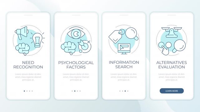 Consumer decision making process animated mobile app onboarding. Digital marketing funnel strategy. Welcome screen UI. Carousel walkthrough animation with blue monochrome concept icons