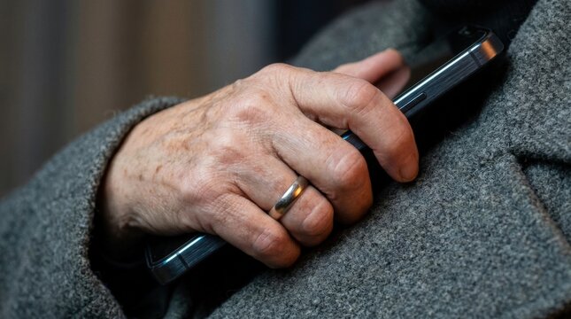 Senior woman hand holding smartphone during crisis intervention