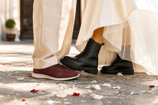 Alternative wedding footwear with boots and sneaker