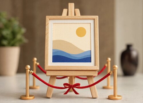 A miniature wooden easel holding a framed abstract painting displayed behind red velvet ropes