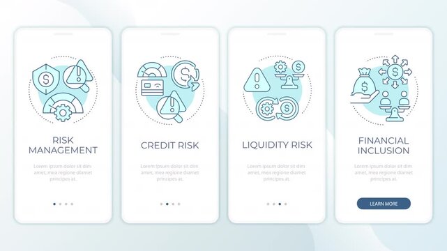 Mitigating modern financial threats animated mobile app onboarding. Strategic asset protection frameworks. Welcome screen UI. Carousel walkthrough animation with blue monochrome concept icons