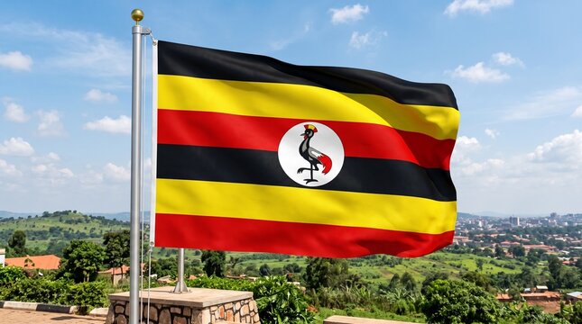Uganda flag flowing dynamically in the wind overlooking a lush green landscape and blue sky.