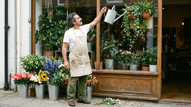 Florist watering the hanging plants in the shop window