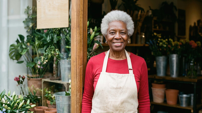 Portrait of an older flower shop owner in her doorway