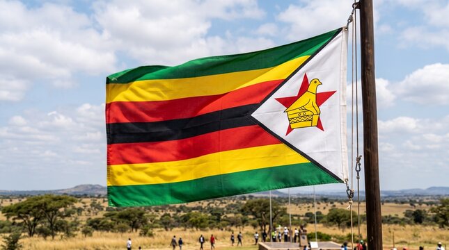 Zimbabwe flag waving on a tall metal pole under a clear blue sky with light white clouds.