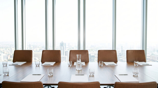 Empty boardroom set up before a meeting with city views
