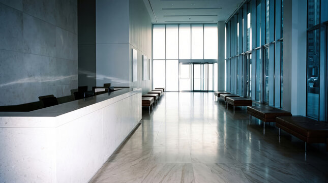 Empty corporate lobby with a stone reception counter