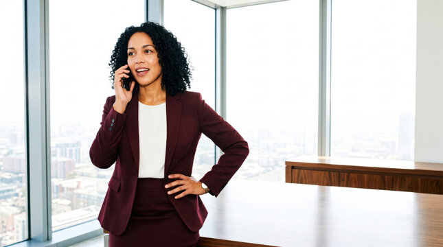 Executive taking a call at the window of a corner office