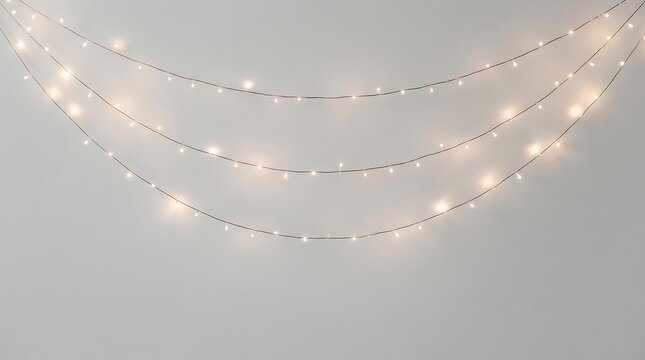 Horizontal triple layer of glowing fairy lights draped over a light grey background with string lights christmas lights decorative lighting hanging lights party decor holiday illumination