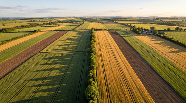 Aerial view of cultivated fields in strips at low sun