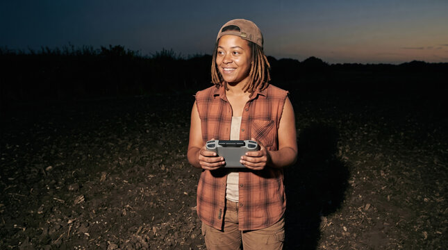 Portrait of a young agritech operator in a field