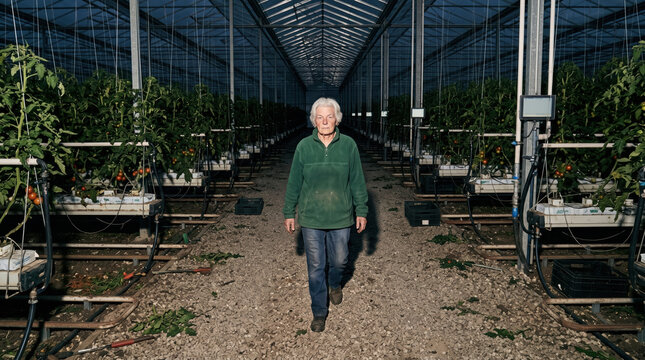 Farmer walking between rows in a commercial greenhouse