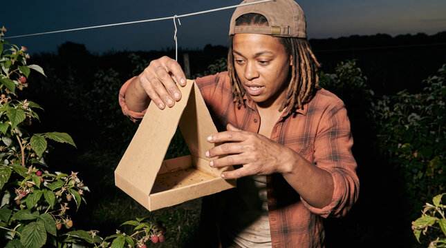 Farmer checking an insect trap in a crop