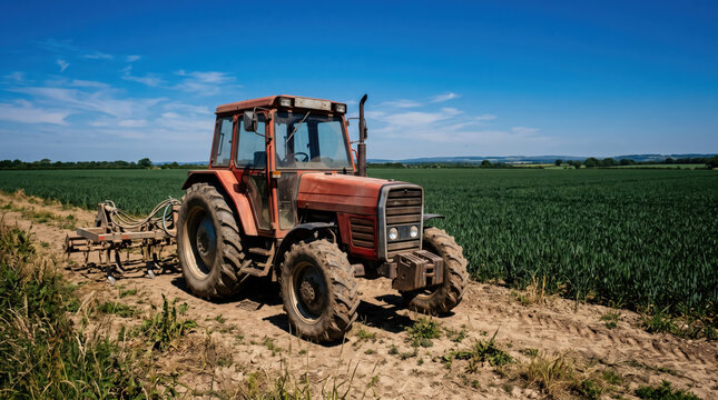Tractor parked on a field headland at midday