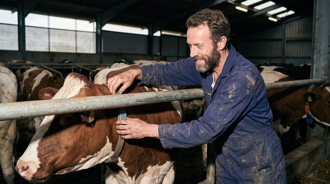 Farmer checking an electronic collar on a cow