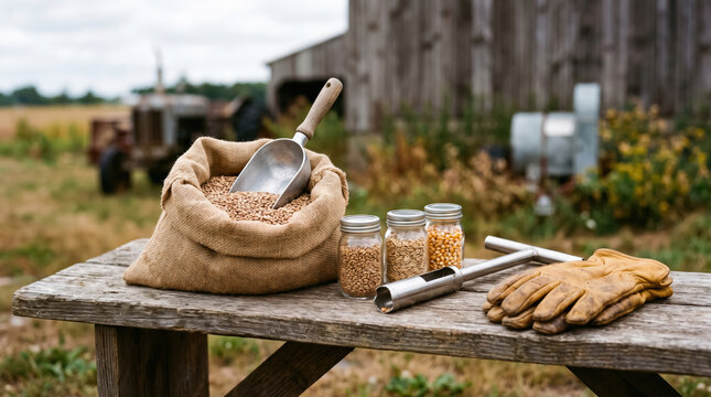 Farm tools laid out on dry cracked soil in the sun
