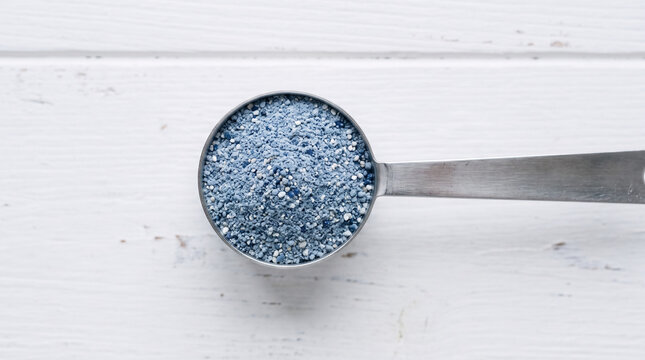 Measuring blue granular fertilizer or plant supplement in metal spoon