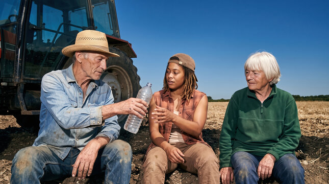 Farmer share water with colleague beside tractor in field