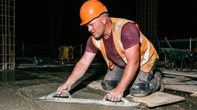 Construction worker level fresh concrete at night