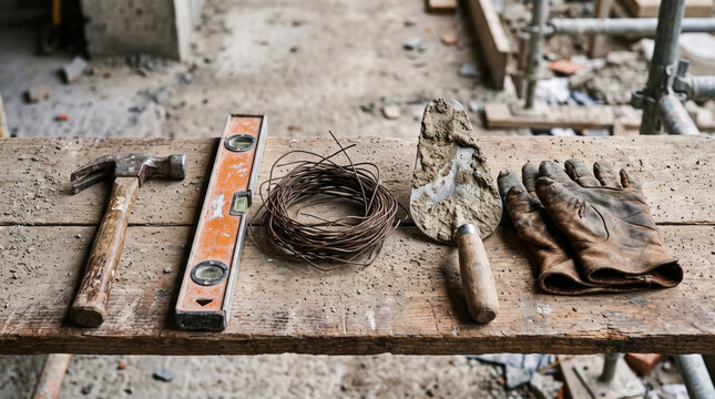 Construction tools and worn gloves on dusty timber board