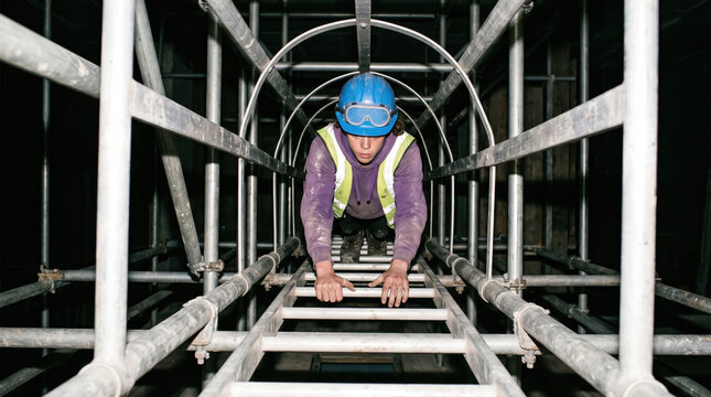 Worker climb scaffold ladder between lifts at height