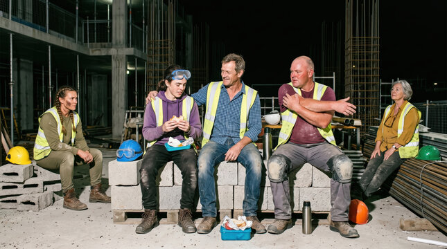 Construction worker take meal break at unfinished building site