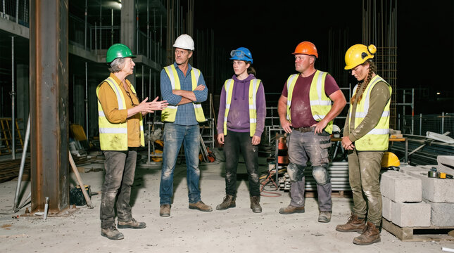 Construction workers discuss safety at unfinished building site