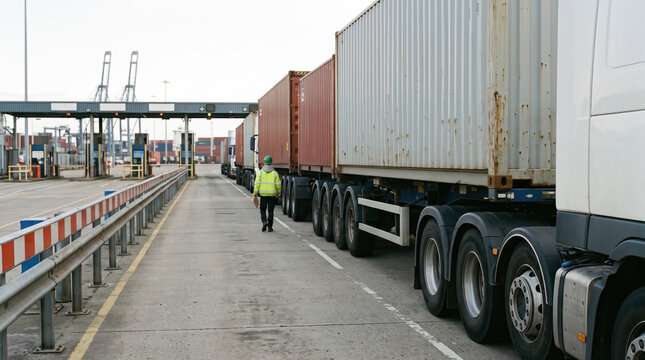 Harbor worker inspect container truck at cargo terminal