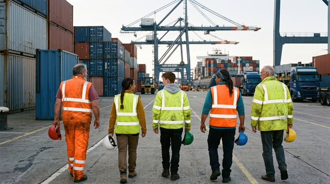 Port workers walk through container terminal logistics yard