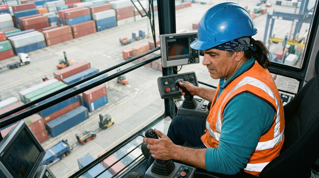 Crane operator controls container terminal machinery from cabin