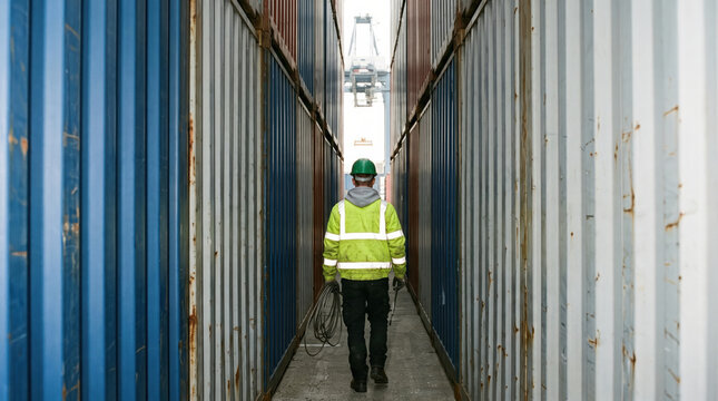 Worker walks between stacked shipping containers at harbor