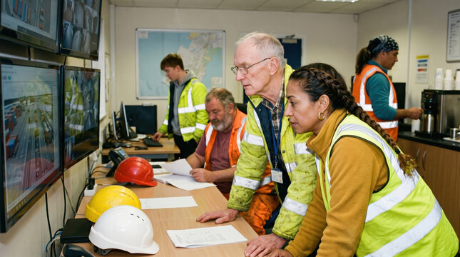 Port control room workers monitor terminal operations screens
