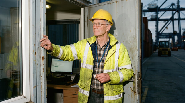 Senior harbor worker at control office doorway