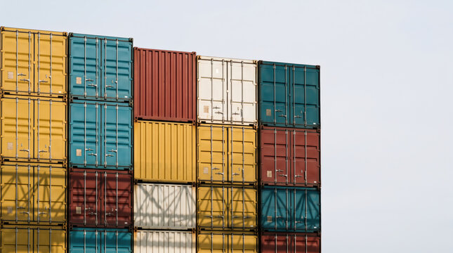 Stacked cargo container at harbor under clear sky