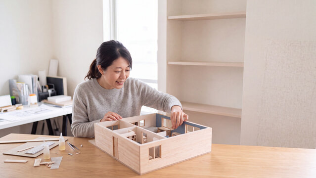 住宅模型の部材を配置して間取りを検討する女性