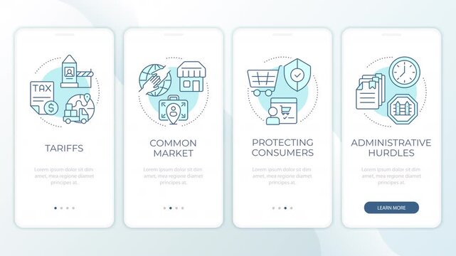 Global trade compliance strategies animated mobile app onboarding. International trade barriers overview. Welcome screen UI. Carousel walkthrough animation with blue monochrome concept icons