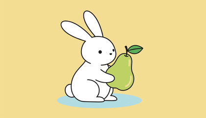 Fototapeta premium Cute white bunny character stands on a blue puddle shadow while holding a large green pear on a yellow background.