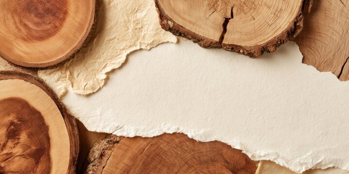 Natural wood slice texture and torn paper background abstract