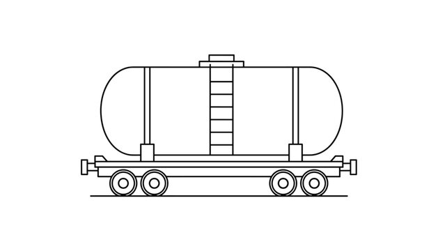 Side view outline drawing of a railroad tank car designed for transporting hazardous liquid cargo and chemicals.