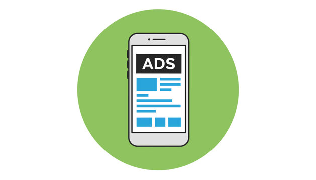 Mobile phone advertising concept showing a smartphone displaying a highlighted advertisement block on its screen.