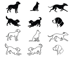 Fototapeta premium Collection of vintage style black and white dog silhouettes in various poses