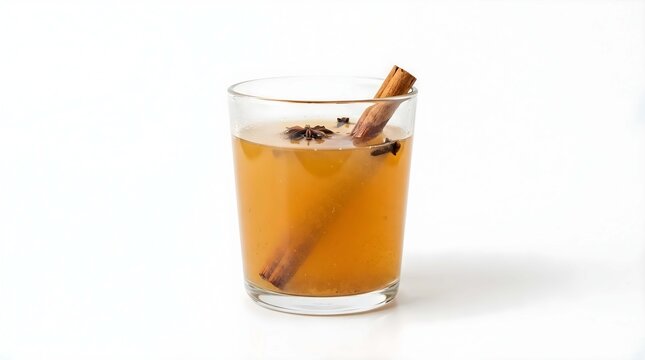 Traditional Hot Spiced Apple Cider or Mulled Beverage in a Glass with Cinnamon Stick, Star Anise, and Cloves Isolated on a Plain White Background, Perfect for Winter and Holiday Concepts