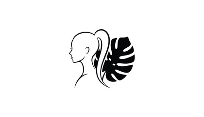 Fototapeta premium Minimalist black and white line art of a woman's side profile with a ponytail next to an exotic monstera leaf.