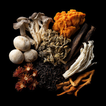 Variety of edible mushrooms isolated on black background, concept of natural culinary diversity and functional medicinal