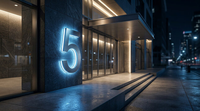 Modern illuminated building exterior displaying large blue neon number five at nighttime with urban street setting