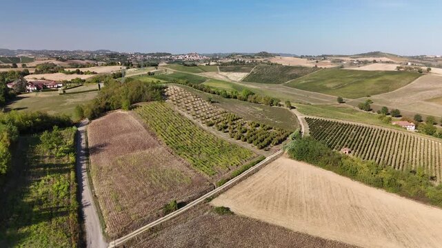 Aerial view of vineyards, orchards and harvested fields on rolling farmland hills in Monferrato, Piedmont, Italy