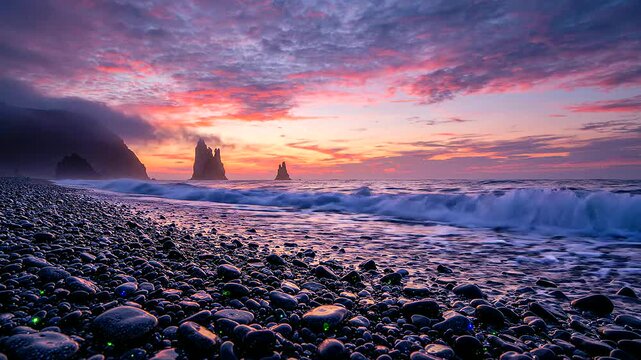 Bioluminescent waves washing over dark pebble beach at sunset