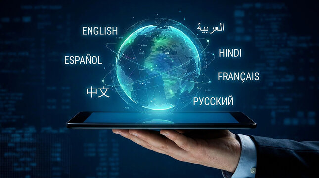 Professional holding tablet displays global language translations for multilingual communication solutions