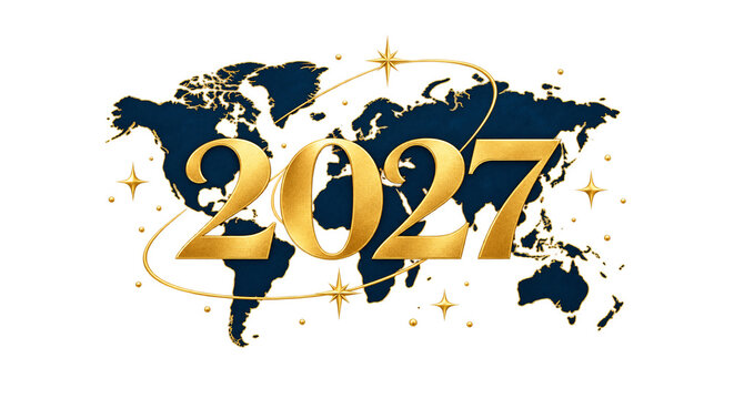 Golden 2027 typography overlaying blue world map with surrounding planetary orbit for corporate new year.